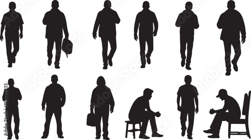 Silhouettes of men in various poses and actions walking