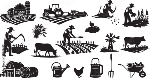 Agricultural Farming Icons and Silhouettes for Design and Illustration