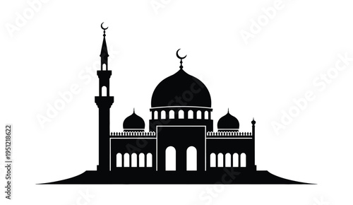 Silhouette of a mosque with twin minarets and a central dome against a plain background isolated on white background, Vector, illustration