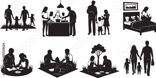 Family Silhouettes in Various Domestic and Outdoor Settings Together