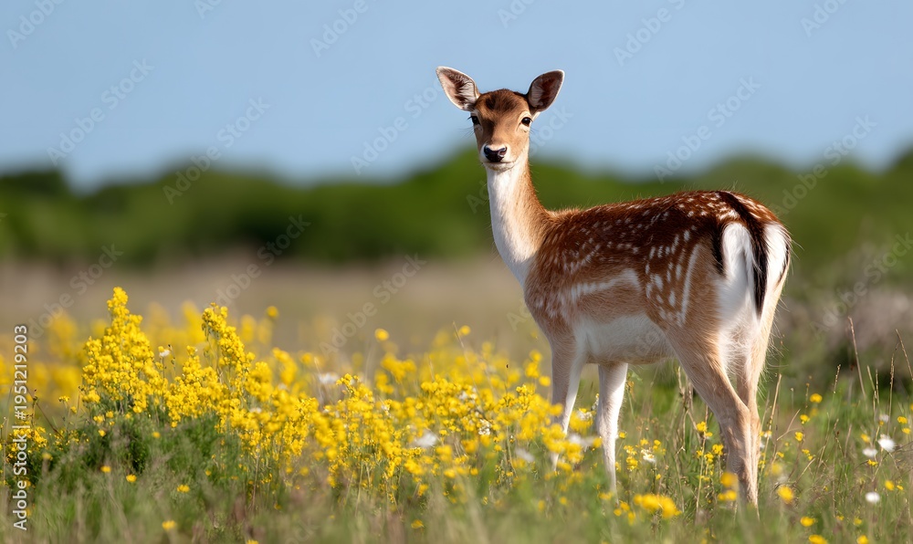 Fototapeta premium deer standing among spring flowers 