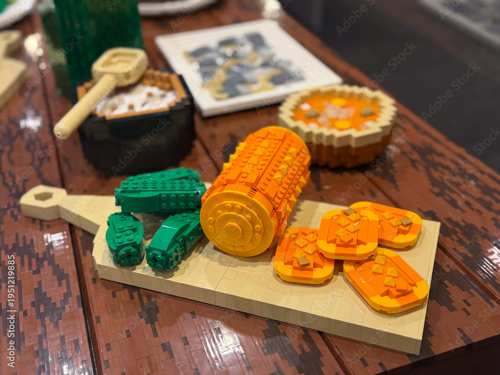 Fototapeta premium Toy brick sushi set on cutting board close-up