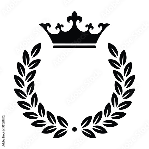 Elegant black laurel wreath adorned with a crown symbolizing royalty and prestige isolated on white background, Vector, illustration