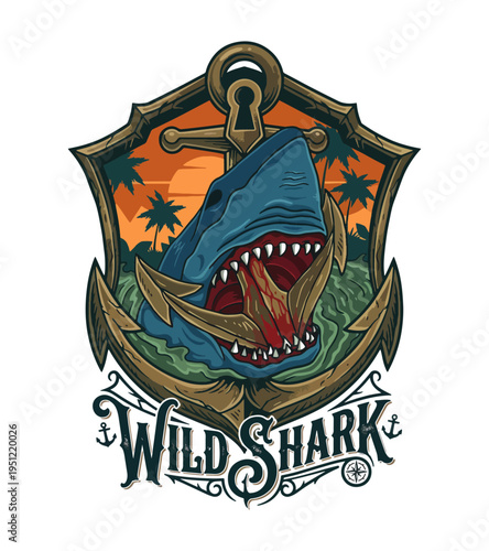 Fierce blue shark with bared teeth emerges from ocean waves behind an anchor and palm trees against an orange sunset sky isolated on transparent background Best Selling T-shirt Design