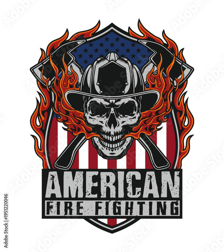 Fierce Skull Wearing Firefighter Helmet Surrounded by Flames and Axes on American Flag Shield Best Selling T-shirt Design