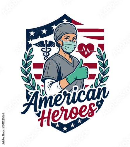 Illustration of a medical professional wearing a mask and gloves giving a thumbs up with American flag elements and patriotic text Best Selling T-shirt Design