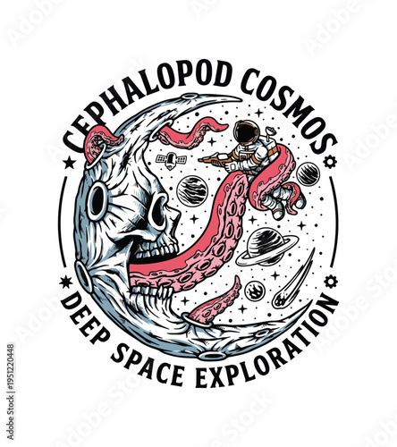 Whimsical skull shaped moon with giant octopus tentacles holding an astronaut exploring deep space cosmos surrounded by planets and stars creating a surreal  graphic resources T-shirt Design