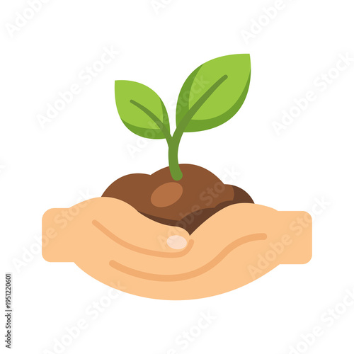 Flat vector hands holding plant icon, eco care and sustainability concept for environmental protection and green growth design.