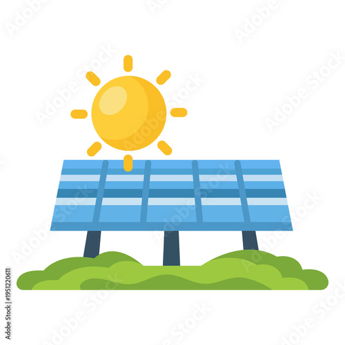Flat vector solar panel icon with sun, renewable energy concept for clean power, sustainability and eco technology use.