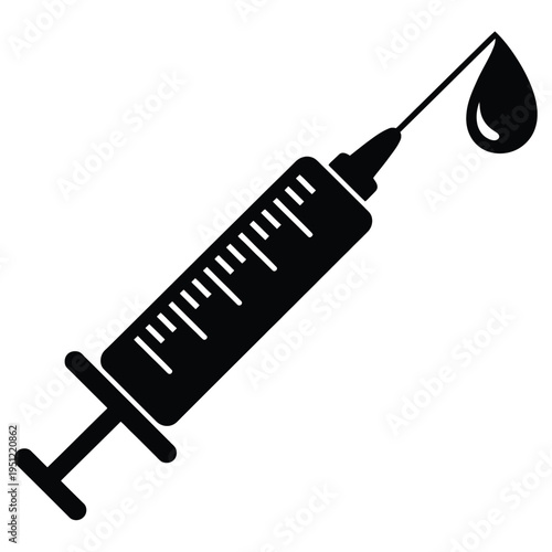 Black and white illustration of a syringe releasing a single droplet of liquid isolated on white background, Vector, illustration