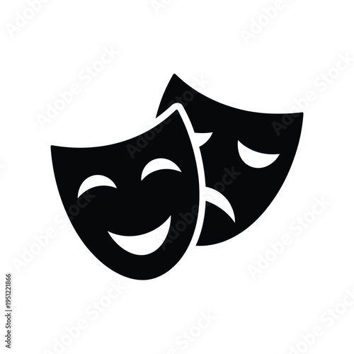 Classic theater masks symbolizing comedy and tragedy in black and white design isolated on white background, Vector, illustration