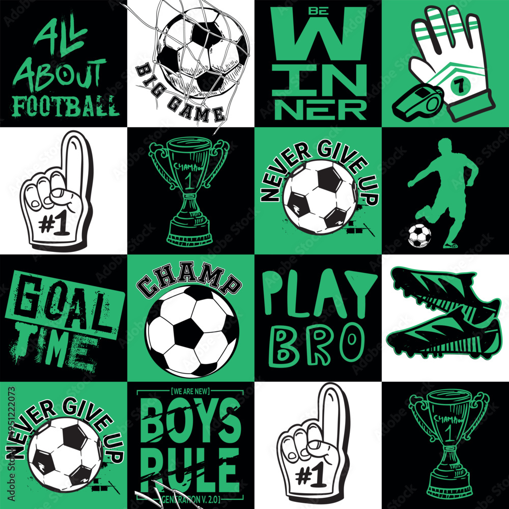 Naklejka premium Abstract seamless pattern for boys. Football pattern. Grunge urban pattern with football ball. Sport wallpaper on white background with black and green. Repeated sport pattern.