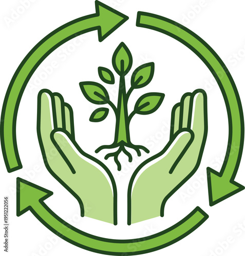 Hands nurturing a growing plant within a circular recycling symbol Earth Day 2026 Earth Day 2027 Earth Day