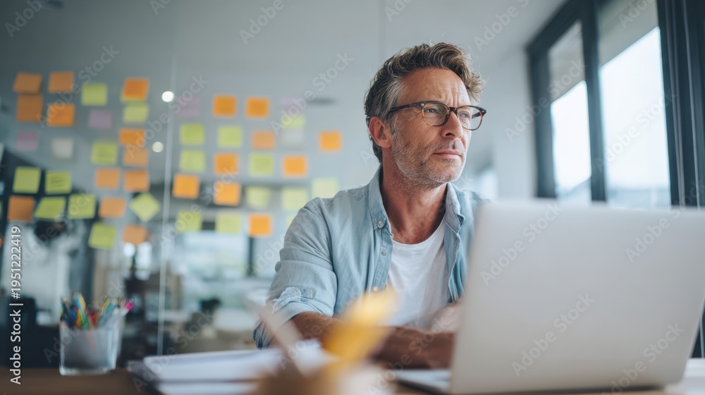 Fototapeta premium Adult male employee with ADHD focused on laptop in modern office, surrounded by colorful sticky notes and organized desk elements