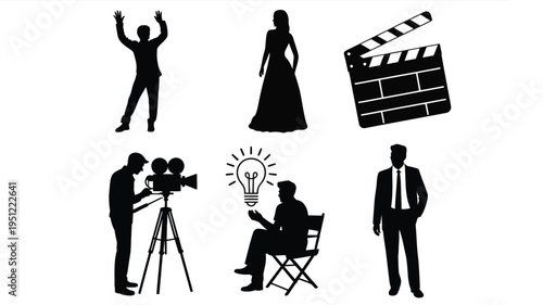 The diverse roles and elements involved in creating a cinematic production isolated on white background, Vector, illustration