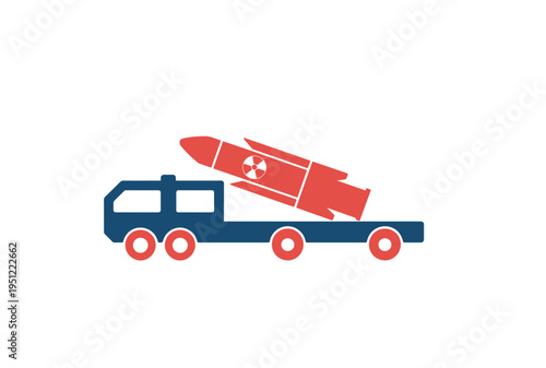 Graphic illustration of a flatbed truck transporting a red missile with a nuclear symbol