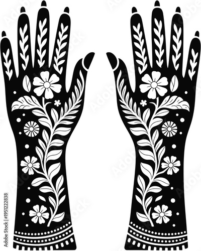 Intricate floral-patterned black and white henna-style hand design artwork isolated on white background, Vector, illustration