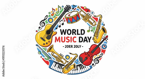 Vibrant world music day celebration with instruments and notes