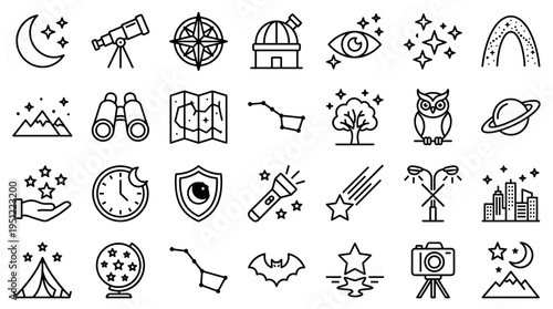 Set of night sky and astronomy icons in thin line style