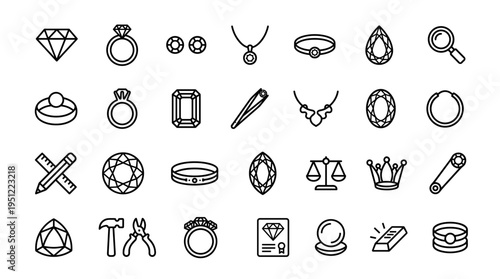 Jewelry and Gemstone Outline Icon Set for Luxury Accessories and Goldsmithing
