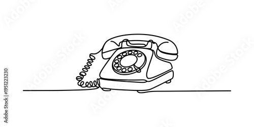 One line drawing of a vintage rotary dial telephone with a coiled cord on a plain white background
