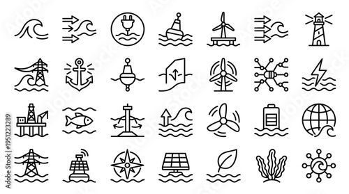 Marine renewable energy and ocean power icons set