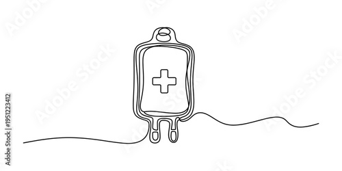 Continuous line drawing of a medical blood bag or iv drip with a medical cross symbol on white.