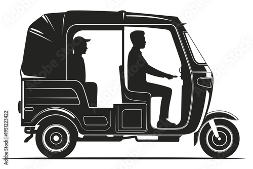 Two passengers riding in a compact three-wheeled vehicle on a city street. isolated on white background, Vector, illustration