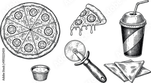 Vintage engraving pizza illustration set with whole pizza, slice, drink, cutter and sauce