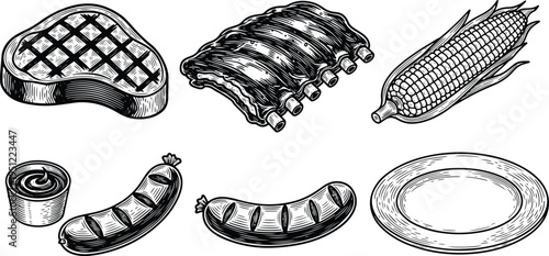 Vintage engraving food illustration set with grilled steak, ribs, corn, sausages and sauce