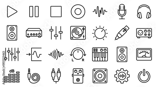 Set of audio and music production icons for sound engineering and digital media design