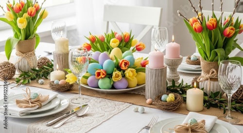 A festive Easter table setting with colorful eggs, tulips, and candles.