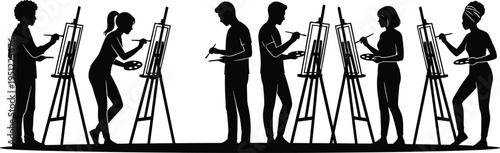 Group of artists painting on easels, creative art class workshop silhouettes, people learning painting, black white vector illustration