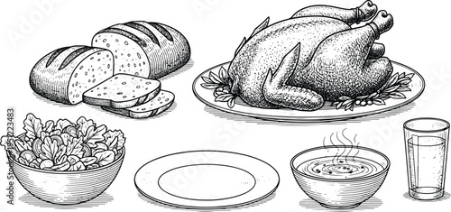 Vintage engraving food illustration set with roast chicken, bread, salad, soup and dining elements