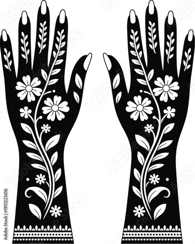 Elegant black and white embroidered floral hand design on a background isolated on white background, Vector, illustration