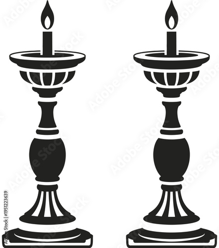 Two decorative candelabras with lit candles on ornate black bases and stems. isolated on white background, Vector, illustration