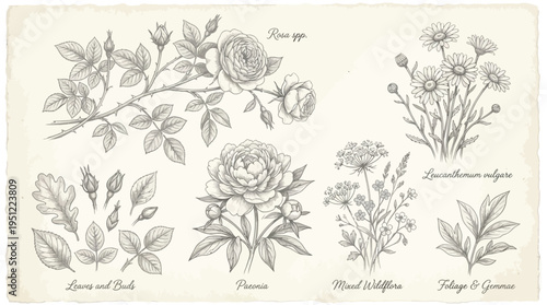 Vintage botanical illustrations featuring roses, peonies, daisies, and various wildflowers in a detailed sketch style on aged paper.
