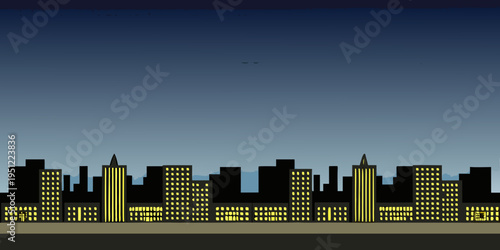 Stylized cityscape silhouette against a dark blue gradient sky