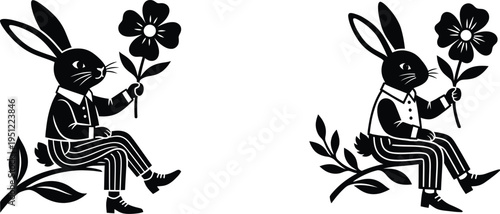 Rabbit silhouette suit branch flower whimsical animal illustration