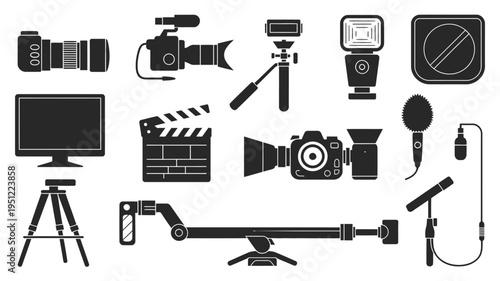 Assorted black and white icons representing various pieces of film and video production equipment isolated on white background, Vector, illustration
