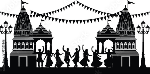 Indian temple festival celebration silhouette, people dancing traditional culture, Hindu temple architecture, festive bunting decoration, cultural heritage illustration
