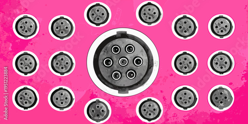 Arrangement of circular connectors against a vibrant pink background