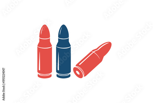 Three stylized red and blue bullets standing upright and lying down on a clean white canvas