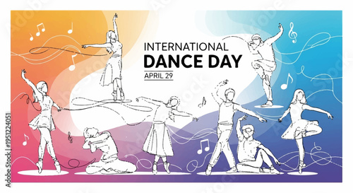 Dancers celebrate international dance day with vibrant colorful background and dynamic poses