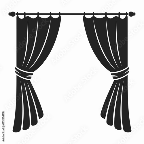Elegant black curtains tied back with decorative ribbon on a window rod isolated on white background, Vector, illustration
