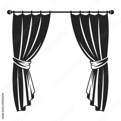 Elegant black and white striped curtains tied back with ribbon detailing on a window rod isolated on white background, Vector, illustration
