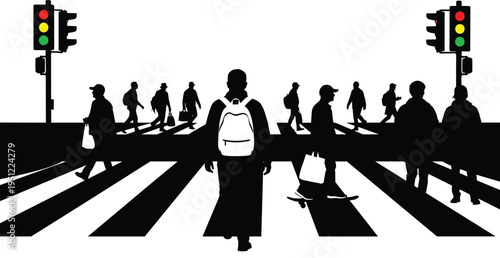 Pedestrians crossing city street silhouette, urban crosswalk with traffic lights, people walking road safety concept illustration design