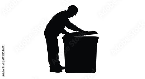 Worker disposing of items into a large container black silhouette