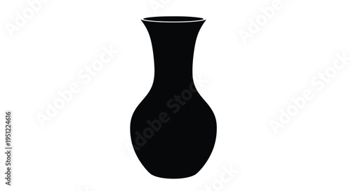 A simple black vase stands prominently against a white background silhouette