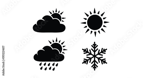 Weather icons depicting sun clouds rain and snow a silhouette